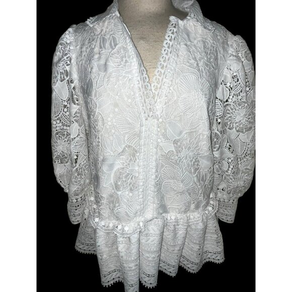 NEW Boston Proper White Lace Peplum Blouse Top Skirted Lined Crochet Size XL - Picture 1 of 10